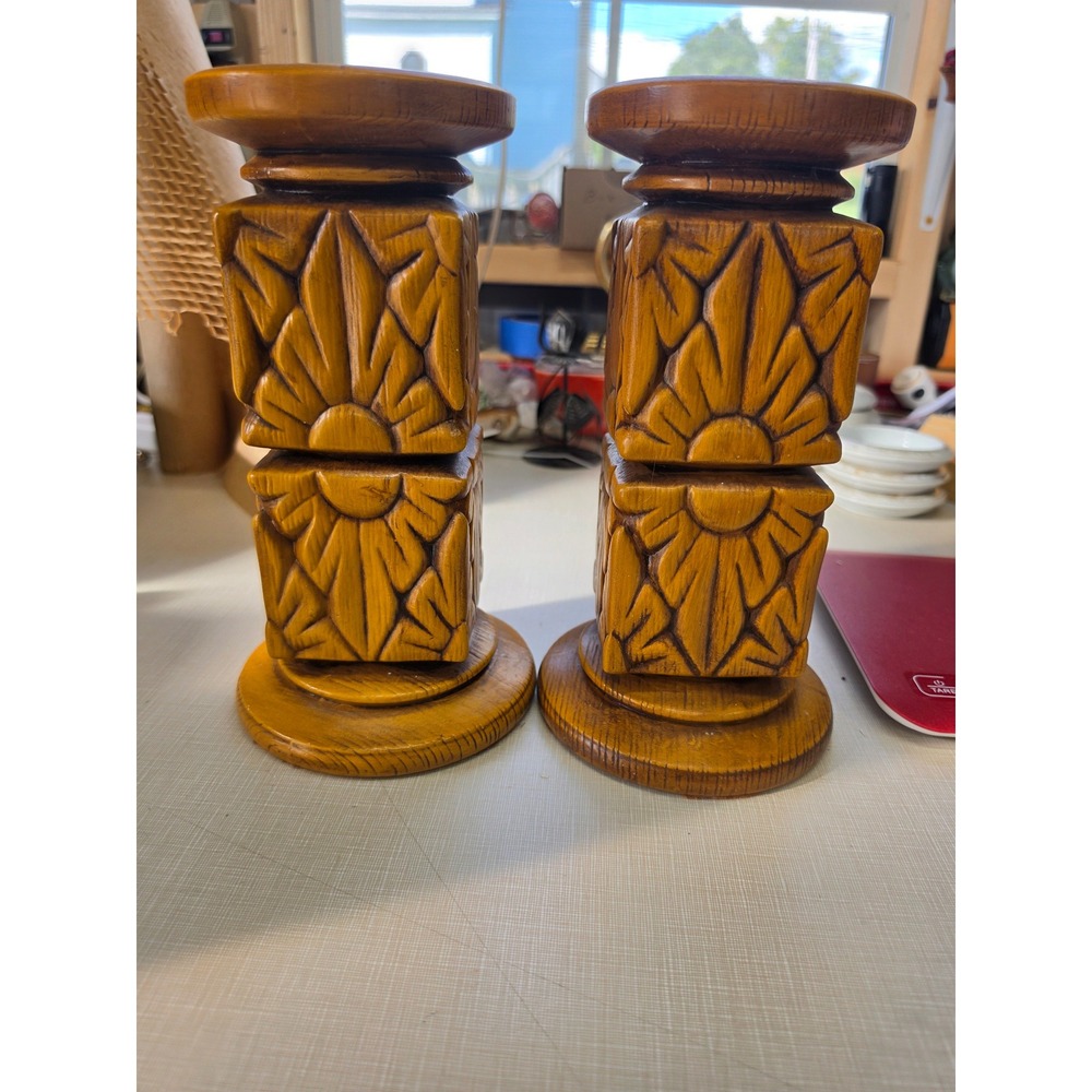 Vintage 1974 Ceramic Wood-like Candle Holders Pair Brutalist Sunburst MJH Signed